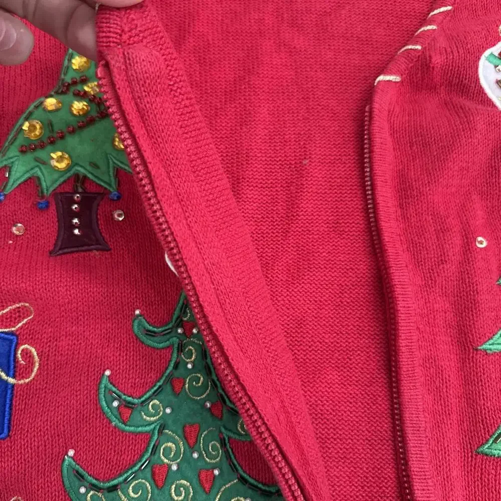 Tiara International Zip Cardigan Sweater Women 2X Christmas Trees Beaded Novelty - Picture 9 of 12